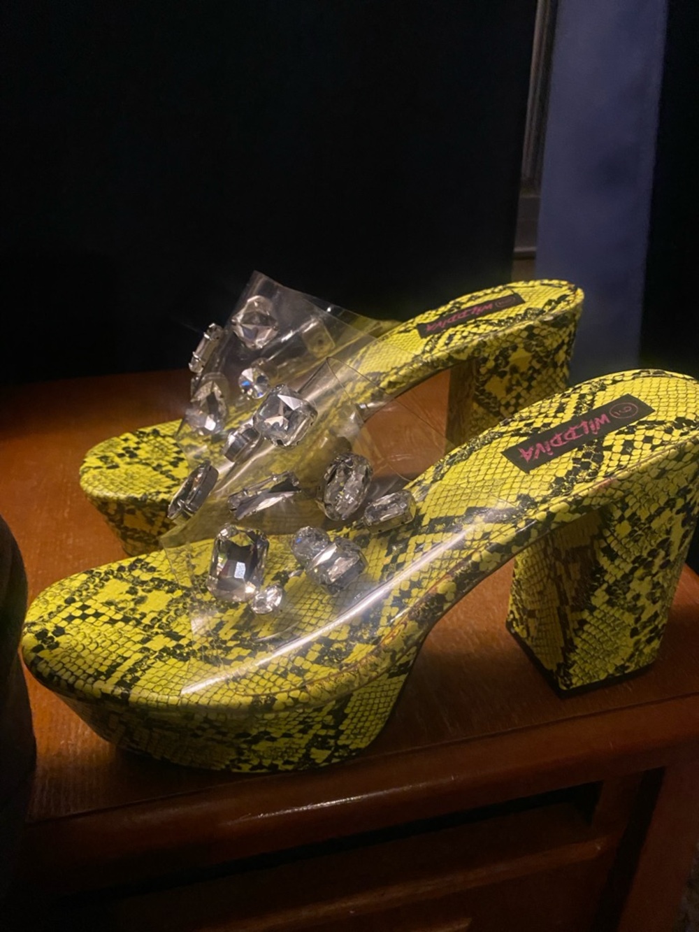 Wildfang Yellow Snake-Print Platform Heels with Rhinestone Straps